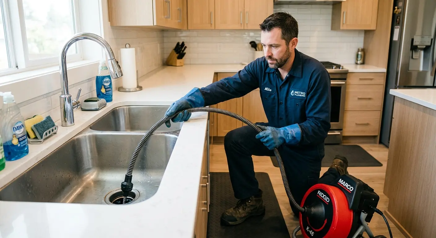 Drain cleaning technician using a motorized snake on a kitchen sink in Stevens Point