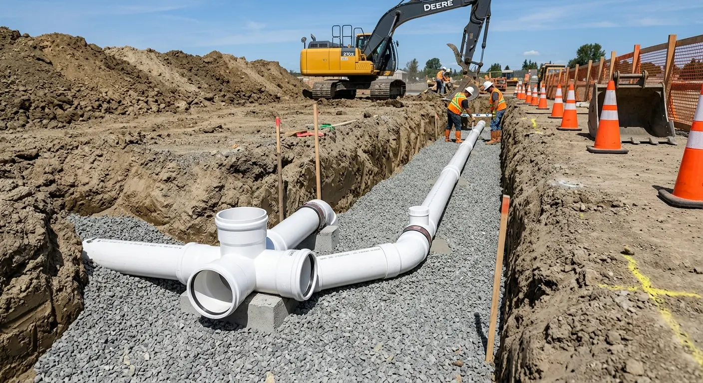 New PVC sewer pipe installation in open trench for Sewer Camera Inspection in Stevens Point