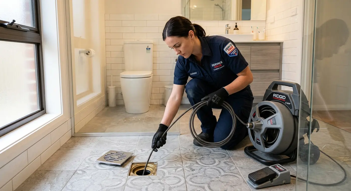Technician clearing a bathroom floor drain for Hydro Jetting in Stevens Point